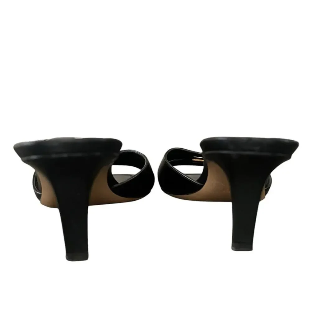 Fendi Women’s Ffold Square Toe Black Leather Gold Hardware Kitten Heel Sandals - Picture 8 of 13